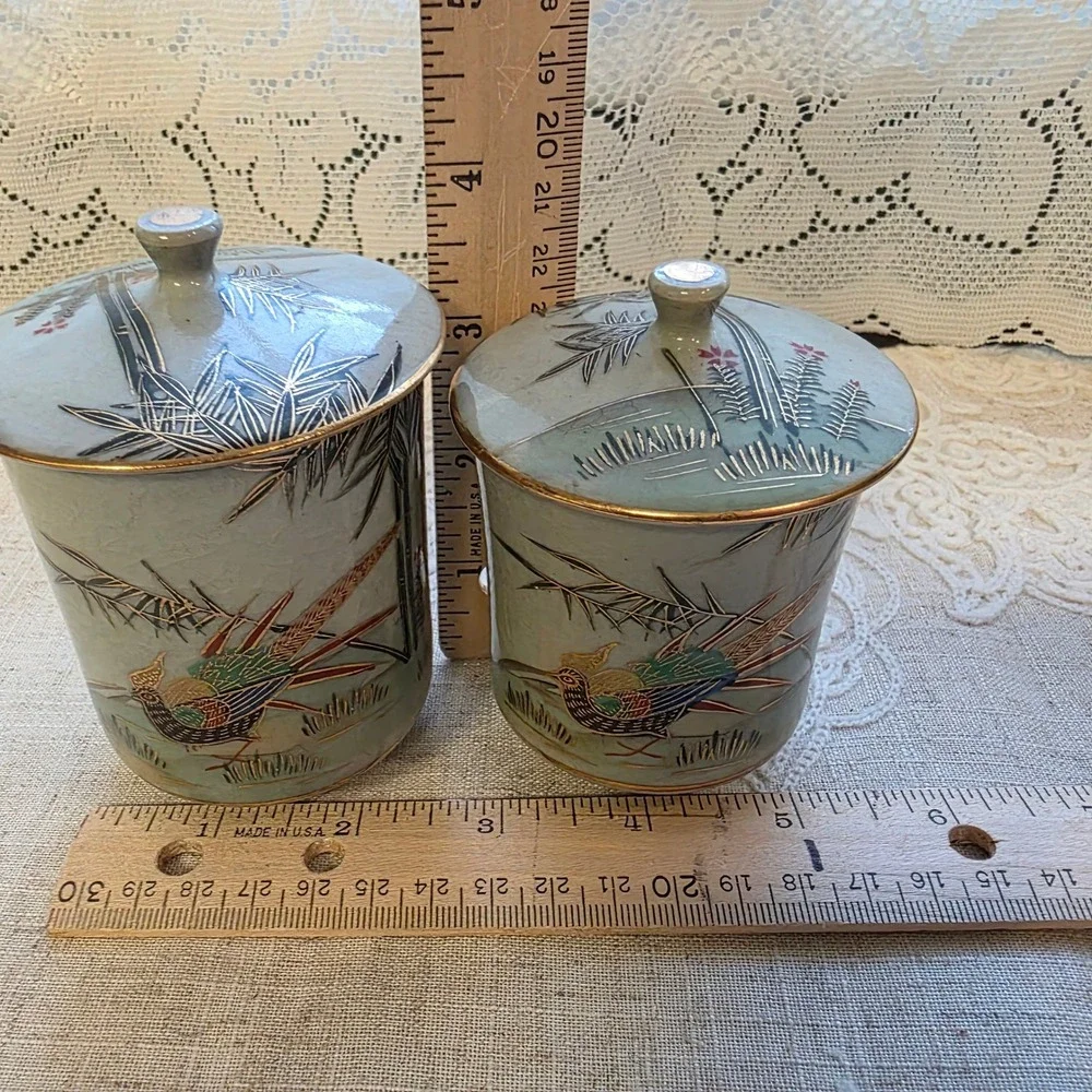Kutani Japanese Tea Cups Set 2 Green Pheasant Bamboo Crackle Glaze Lidded Yunomi